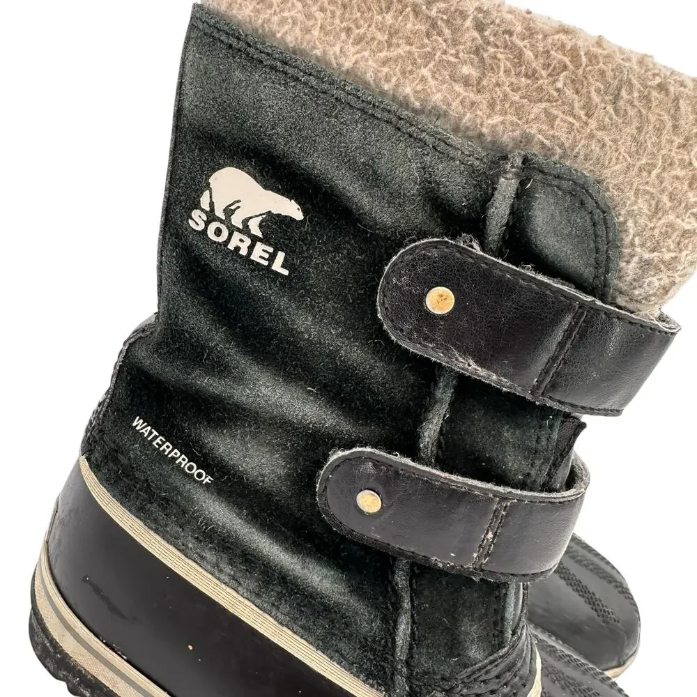 Sorel Youth Pac Strap Black Suede Waterproof Snow Boots Size 11